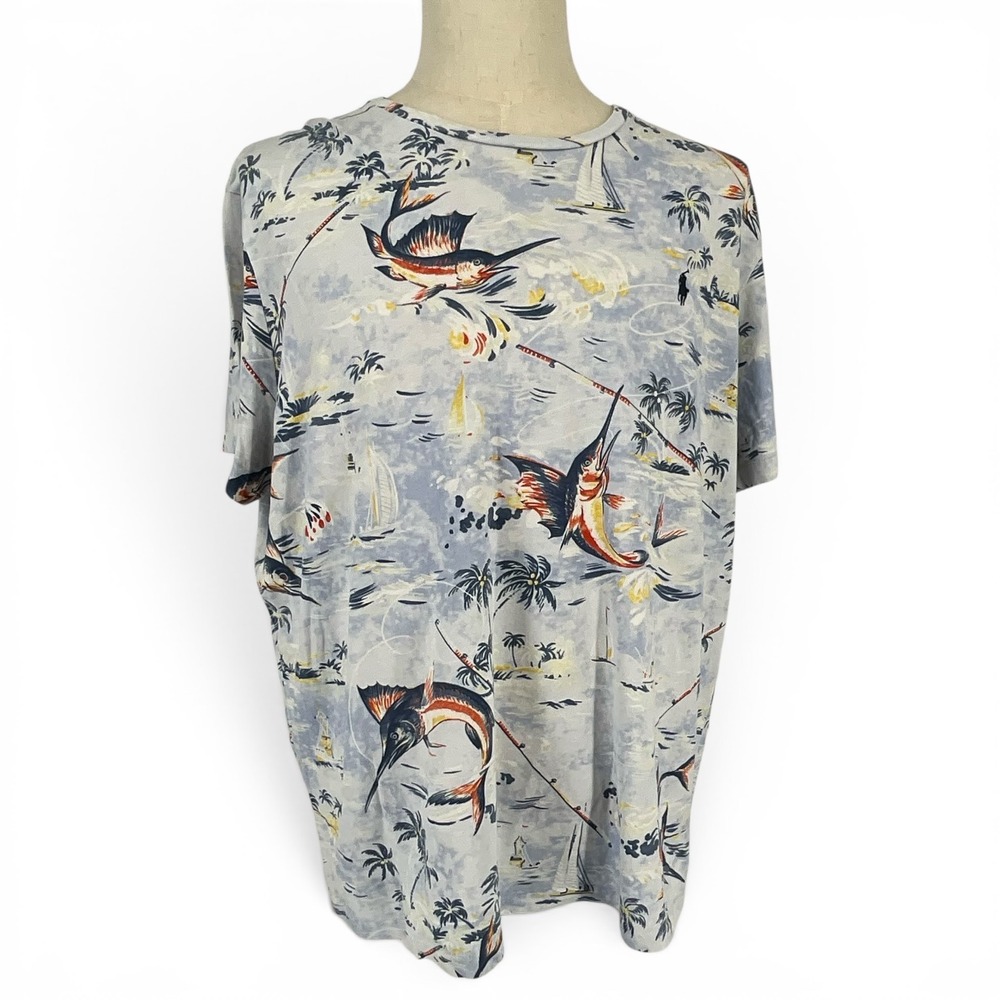 Polo Ralph Lauren Men XL Blue Marlin Fishing Tropical Print T-Shirt Short Sleeve - Picture 2 of 9
